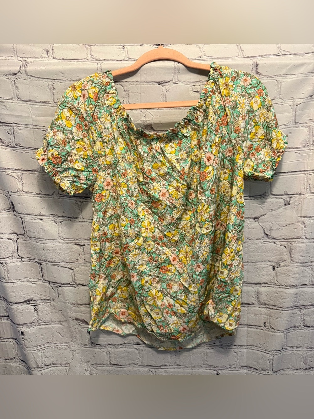 Lime N Chili Floral Puff-Sleeve Peasant Blouse in Yellow & Green - Picture 6 of 6